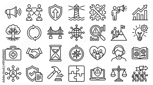 Canvas Print Collection of business and finance icons representing concepts like teamwork str