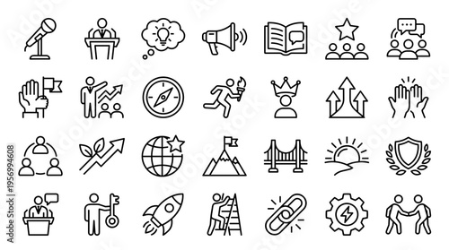 Collection of business and success concept icons representing growth strategy leadership teamwork and achievement in a clean outline style