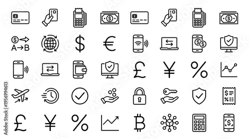 Collection of financial and payment icons including credit cards, mobile payments, currency symbols, charts, and security elements for digital transactions