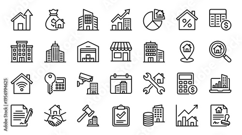 Real estate icons set representing property investment growth mortgage and legal services for buying selling and renting homes