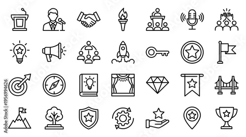 Collection of business and success icons representing strategy growth leadership teamwork and achievement in a clean outline style