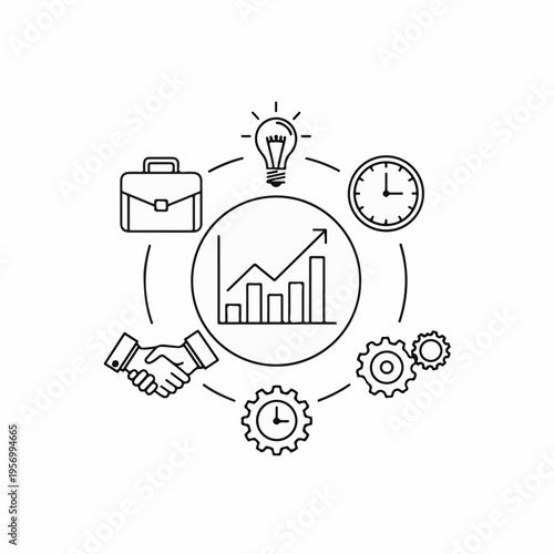 Business growth strategy vector icon set with briefcase, handshake, gears, clock, and lightbulb around a bar chart