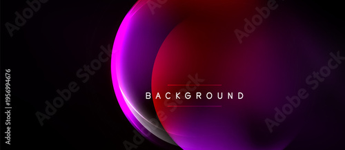 Abstract design features vibrant purple, red gradients. Minimalist composition with text overlay. Dark background enhances color contrast.
