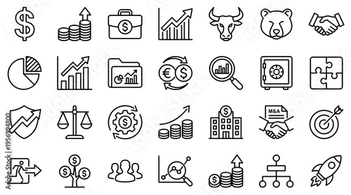 Collection of business and finance icons representing growth investment strategy and success in a modern professional context
