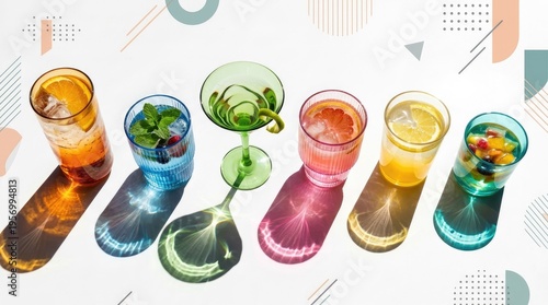A row of colorful, stemmed glasses filled with layered drinks is displayed against a white background with geometric patterns.
