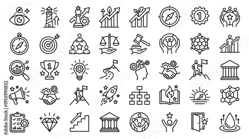 Collection of business and strategy icons representing growth success leadership innovation and achievement in a modern flat design style