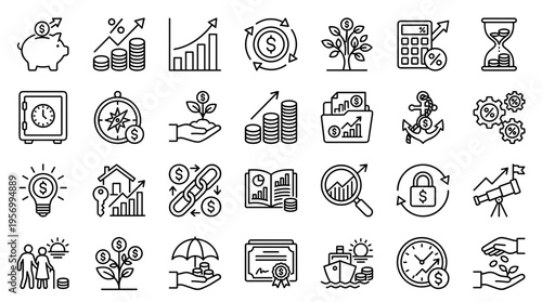 Financial growth and investment concepts illustrated with diverse icons including piggy bank, charts, money tree, calculator, and safe