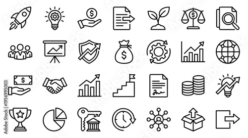 Business growth and success icons collection representing finance strategy startup and teamwork concepts
