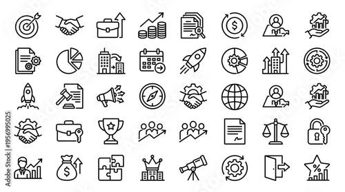 Collection of business and finance icons representing growth strategy success teamwork and innovation for corporate presentations and digital concepts