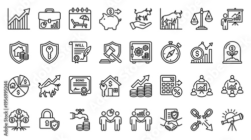 Collection of Finance and Business Icons Representing Investment Growth Security and Planning