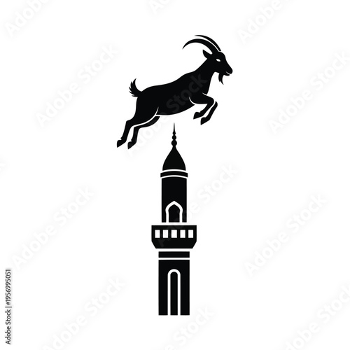 A silhouette vector of a goat jumping over a mosque dome for celebrating Eid 