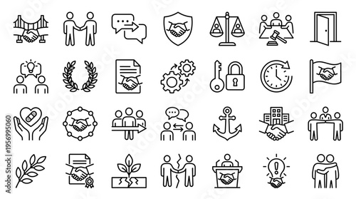 Collection of business and finance icons representing partnership, agreement, success, teamwork, and legal concepts