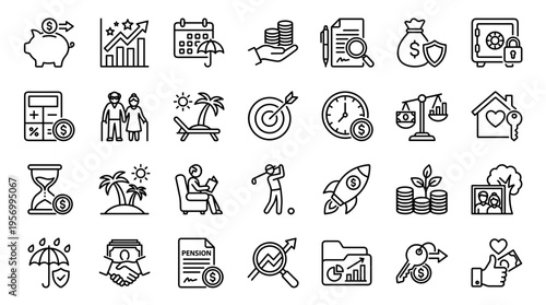 Financial planning and investment icons for retirement savings, wealth growth, and secure future concepts