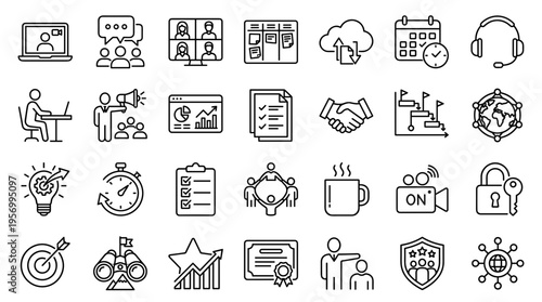 Collection of business and technology icons representing teamwork collaboration strategy planning and success in modern office environments