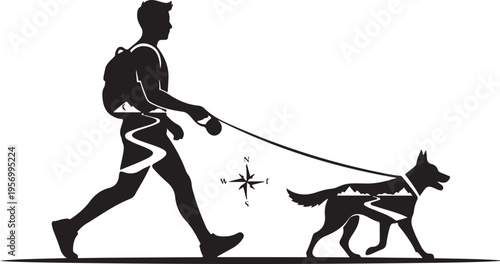 Vector silhouette of man walking dog on leash