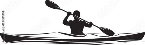 Vector silhouette of kayaker paddling on water