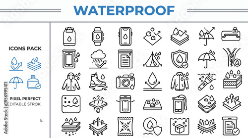 Waterproof Outline Vector Icon Set — Outdoor, Camping, Survival, Rainproof and Travel Gear Symbols