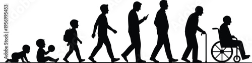 Human life cycle silhouettes from baby to elderly, black stages of aging illustration with walking, working and wheelchair figures, minimal isolated vector concept
