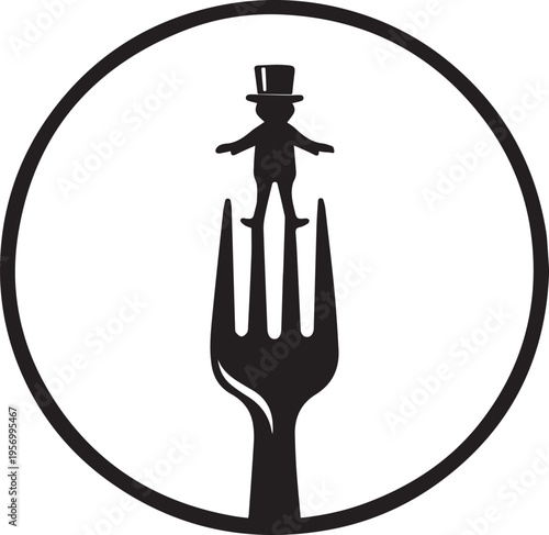 Silhouette of a gentleman in a top hat standing on the tines of a fork inside a circle Vector, illustration