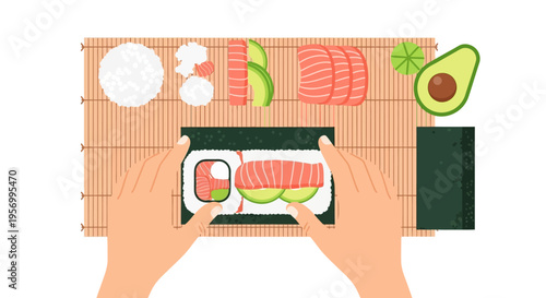 Top View Illustration of Hands Rolling Fresh Sushi with Tuna and Avocado on Bamboo Mat