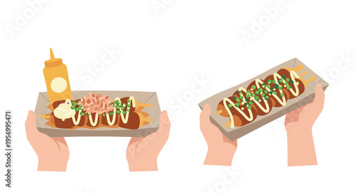 Japanese Takoyaki Street Food Illustration with Mayonnaise and Green Onion Toppings on Paper Tray