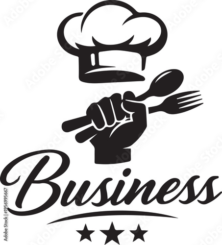 Black and white vector logo featuring a chef hat and a hand clutching a spoon and fork Vector, illustration
