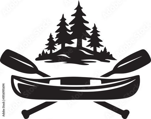 Vector illustration of a canoe with crossed oars and pine trees on a small island Vector, illustration