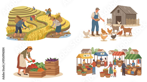 Farmers Harvesting, Feeding Animals and Selling Organic Produce 4 Scene Vector Illustration