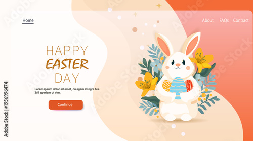 Easter bunny holding decorated eggs floral background pastel colors website landing page festive spring holiday