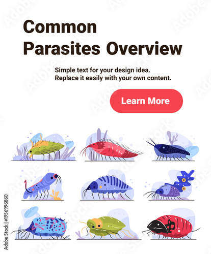 Parasite infection disease medical diagram cartoon microbes colorful organisms various shapes isolated on white background landing page