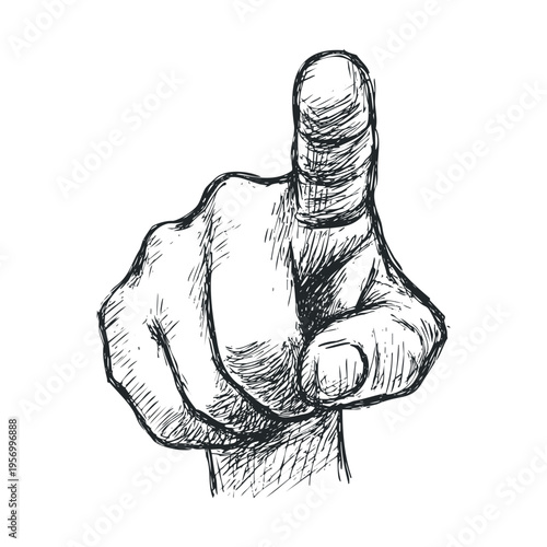Hand pointing directly at the viewer with an index finger, illustrating a powerful gesture of selection, accusation, or direction in a hand-drawn sketch style.
