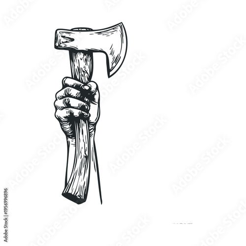 Hand holding axe in a powerful raised gesture, rendered in a striking black and white woodcut illustration style, symbolizing strength, rebellion, and determination.