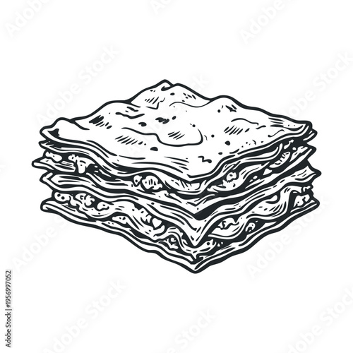 Delicious homemade lasagna pasta dish with multiple layers of noodles and savory filling, rendered in a classic vintage engraving style.