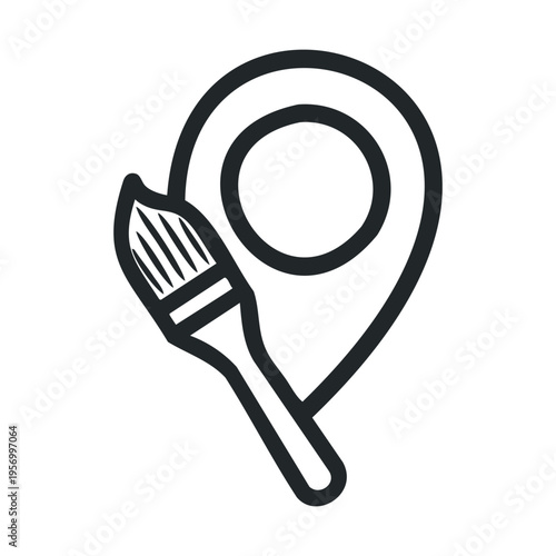 Location pin and paintbrush icon for creative mapping, symbolizing artistic places, design studios, and painting workshops for various projects.