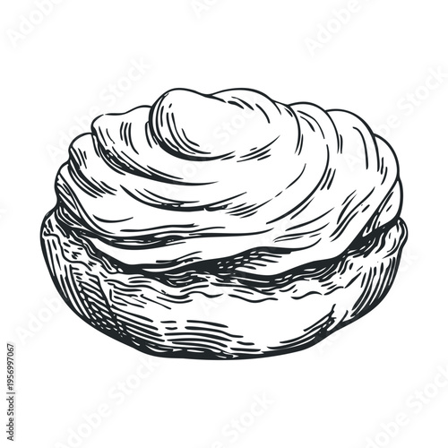 Delicious cream puff pastry dessert with a generous dollop of whipped cream, beautifully rendered in a classic hand-drawn engraving style for menus and recipes.