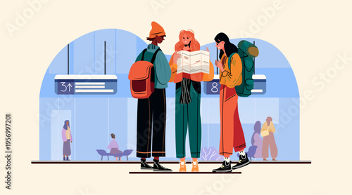 Young travelers planning journey at station group of friends with backpacks reading map in modern terminal interior blue background flat design