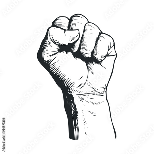 Clenched fist raised in a powerful gesture of strength, symbolizing protest, unity, and determination in a vintage engraving style.