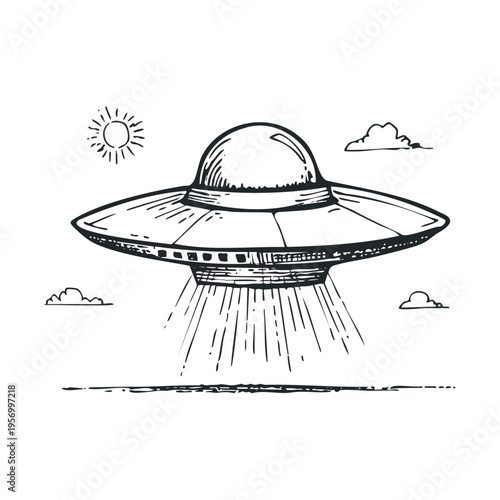 Flying saucer illustration hovers above the ground, emitting a bright beam of light from its underside, depicted in a classic hand-drawn sketch style.