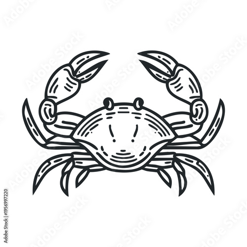Stylized black and white crab illustration features intricate line art details, capturing the essence of this fascinating marine creature with artistic simplicity.