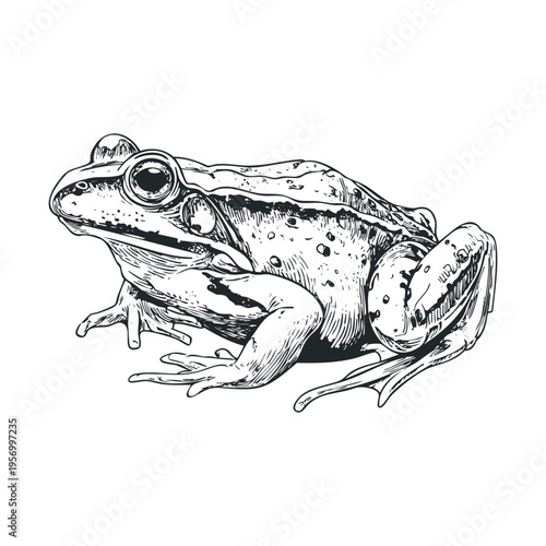 Detailed hand-drawn illustration of a frog showcasing its intricate skin texture and amphibian features in a classic vintage engraving style.