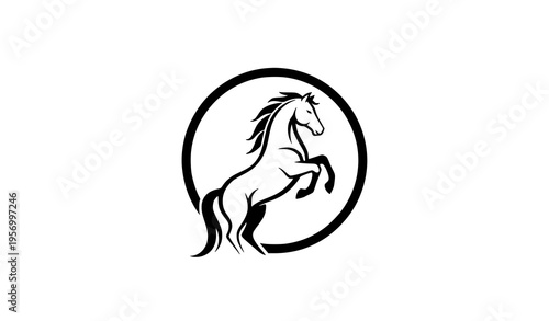 Rearing horse emblem logo in circle minimalist stallion silhouette equestrian badge vector isolated on white