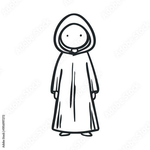 Mysterious hooded figure illustration standing in a simple, hand-drawn doodle style, evoking themes of secrecy, spirituality, or fantasy.