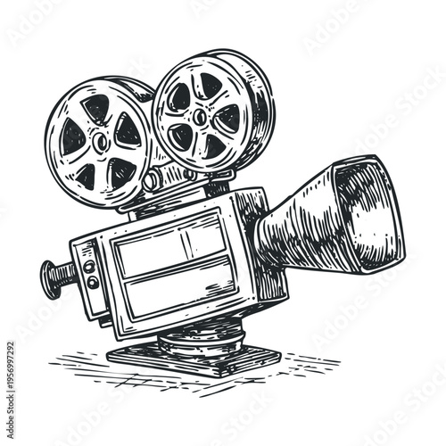 Vintage film camera illustration capturing the essence of classic cinema, showcasing the iconic design of old movie equipment with reels and lens.