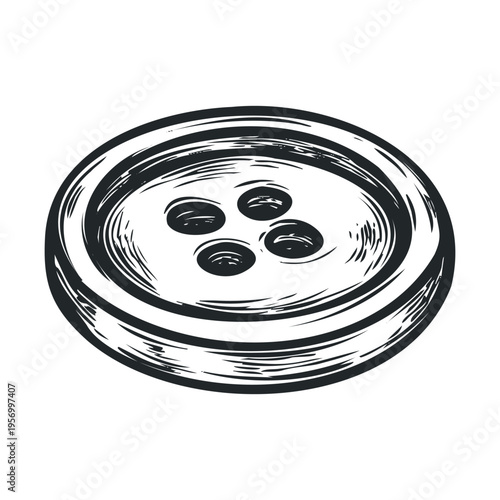 Single round sewing button with four holes is depicted in a detailed black and white hand-drawn sketch style, perfect for craft and fashion designs.