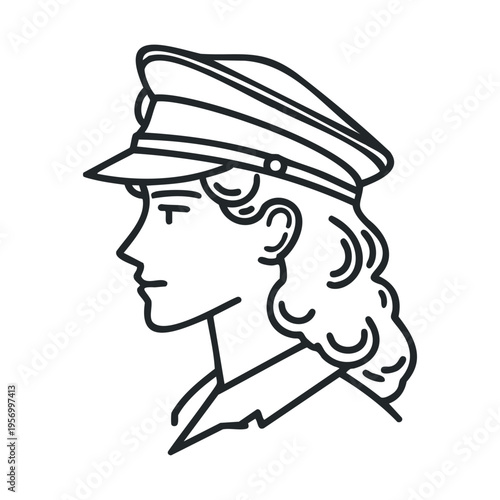 Woman wearing a peaked cap illustration in profile view, rendered with clean lines, symbolizing professionalism, leadership, and official roles.