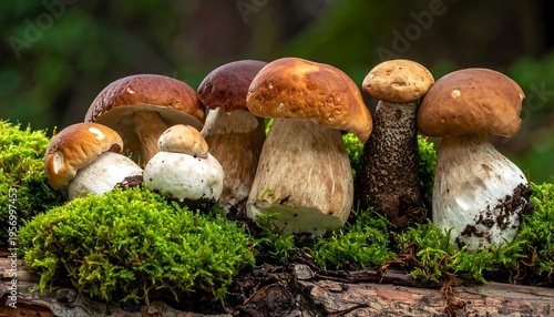 A Collection of Freshly Harvested Porcini Mushrooms on Mossy Wood.