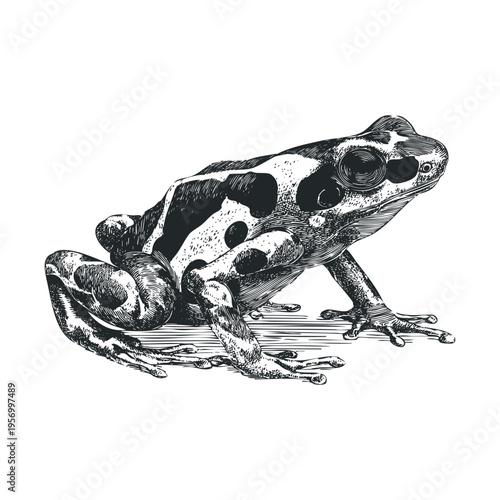 Frog with distinctive spotted patterns is depicted in a detailed vintage engraving style, showcasing its unique amphibian features and texture.