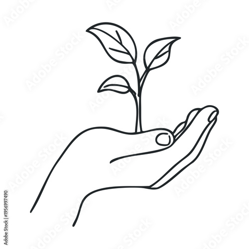 Hand holding small plant sprout gently with care, symbolizing growth, environmental protection, and the importance of nurturing new life.