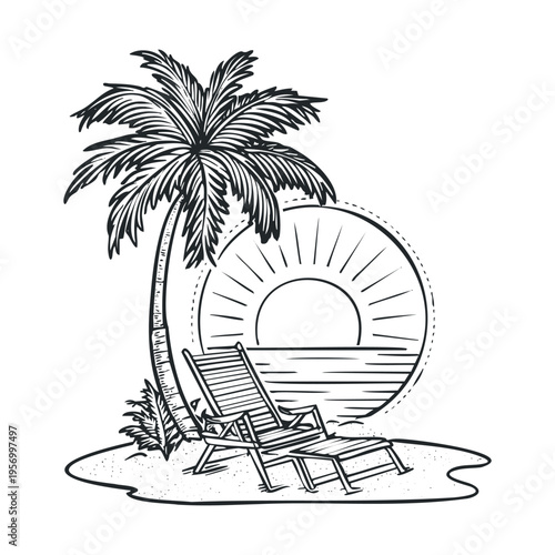 Tropical beach scene with palm tree and lounge chair on a sandy island, featuring a beautiful sunset over the ocean in a circular frame.
