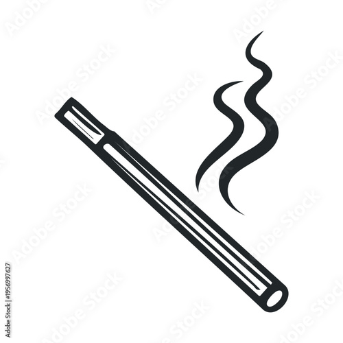 Lit cigarette with smoke rising from its tip, depicted in a simple, bold black and white graphic illustration representing smoking and addiction.